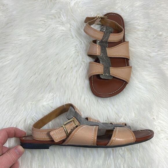 Clarks Artisan Tan/Silver Leather Triple Strap Fisherman Sandals Sz 7.5 - Picture 1 of 6